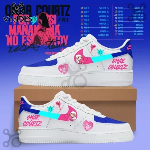 Omar Courtz Por Si Mañana No Estoy Air Force 1 Sneakers featuring pink heart graphics, blue accents, and custom illustrations.