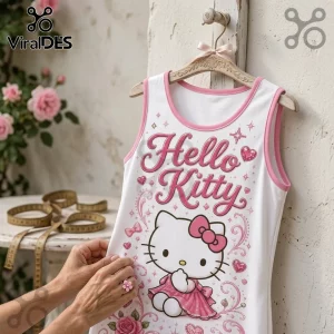 White cotton tank top with pink trim featuring Hello Kitty graphic, pink floral accents, and sparkling heart details.!