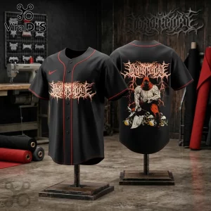 Black baseball jersey with red trim featuring death metal band logo and back graphic of a hooded figure holding an axe.!