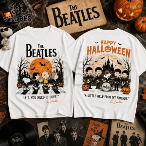 The Beatles x Peanuts All You Need Is Love Halloween T-Shirt featuring cartoon characters on a white cotton fabric background.