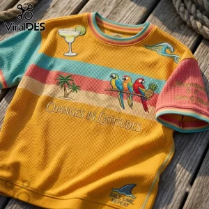 Margaritaville Changes In Latitudes Waffle Knit T-Shirt featuring tropical parrot, palm tree, and margarita glass graphics.