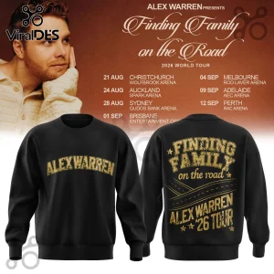 Black crewneck sweatshirt featuring gold Finding Family on the Road and Alex Warren 26 Tour graphic text prints.!