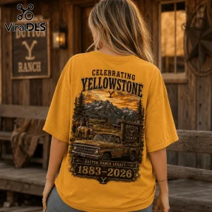 Mustard yellow graphic t-shirt featuring a Yellowstone Dutton Ranch truck, mountain sunset, and 1883-2026 text print.!