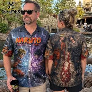 Naruto and Sasuke graphic button-up shirt with Akatsuki cloud motifs and vibrant energy attack prints on lightweight fabric.!