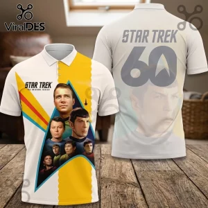 Star Trek The Original Series white polo shirt featuring cast graphics, yellow delta emblem, and number 60 on back.!
