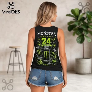 Monster Energy 24th Anniversary Black V-Neck Tank Top featuring green lightning graphics and soda can prints on back.