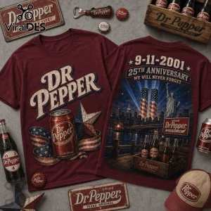 Dr Pepper Vintage 9/11 Memorial Anniversary Maroon T-Shirt featuring front soda can graphics and a back NYC skyline scene.