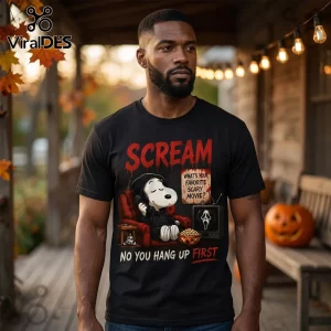 Snoopy x Scream Halloween Black T-Shirt 2026 featuring Snoopy dressed as Ghostface sitting in a chair with popcorn.