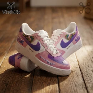 Custom pink and purple gradient sneakers with white laces, character graphics, and Can We Hang Out text on wood floor.!