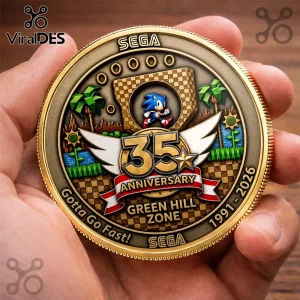 Gold colored Sonic the Hedgehog 35th anniversary commemorative coin with Green Hill Zone graphics and 1991-2026 text.!