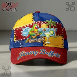 Jimmy Buffett Tropical Parrot Patchwork Baseball Cap featuring a macaws, guitar, and cocktail on blue, yellow, and red panels.
