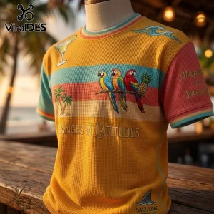 Margaritaville Changes In Latitudes Waffle Knit T-Shirt with yellow base, parrot graphics, and tropical sunset stripes.