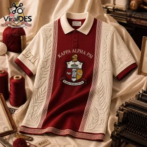 Kappa Alpha Psi polo shirt in red and cream with embroidered fraternity crest, Greek column patterns, and 1911 text.!