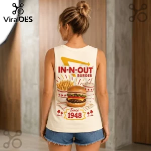 In-N-Out Burger Vintage 1948 Logo V-Neck Tank Top on woman featuring a graphic of a burger, fries, and milkshake.