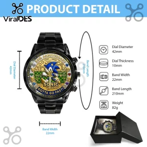 Sonic the Hedgehog 35th anniversary watch with black metal band and custom gold-tone character dial in gift box.!