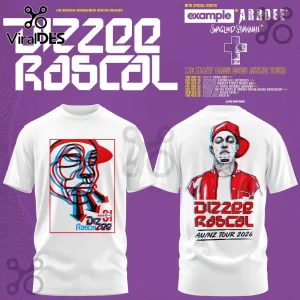 White crew neck t-shirt featuring Dizzee Rascal 2026 AU/NZ tour graphics in red and blue stylized line art.!