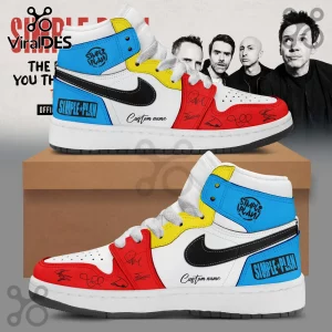 Simple Plan Bigger Than You Think Tour high-top sneakers in white, red, blue, and yellow with band logos and signatures.
