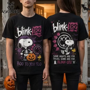 Blink-182 x Snoopy Skeleton Halloween black t-shirt features Snoopy in a skeleton costume holding a pumpkin and band logo.