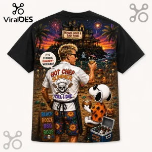 Gordon Ramsay x Snoopy Halloween Black T-Shirt featuring a chef and cartoon dog at a haunted beach party at night.