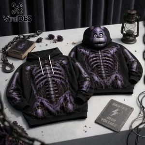 Five Nights at Freddy's Purple Mechanical Skeleton Hoodie featuring a graphic ribcage print and animatronic character mask.