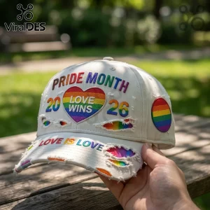 Off-white distressed baseball cap with Pride Month 2026, Love Wins embroidery, rainbow heart, and pride flag patch.!