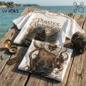 White cotton t-shirts featuring Pirates of the Caribbean graphics, nautical maps, a kraken, and a skull on a wooden dock.!