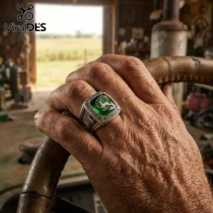 Silver John Deere class ring with a square green gemstone and jumping deer logo on a farmer hand on a tractor steering wheel.!