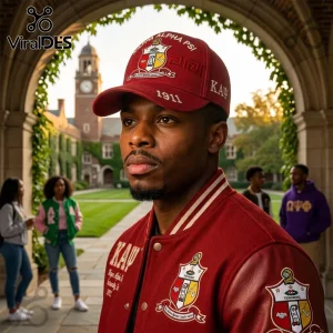 Man wearing crimson Kappa Alpha Psi baseball cap with embroidered fraternity crest and 1911 text on university campus.!