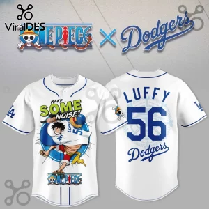 White One Piece and LA Dodgers baseball jersey with Monkey D. Luffy graphic, number 56, and Make Some Noise text.!