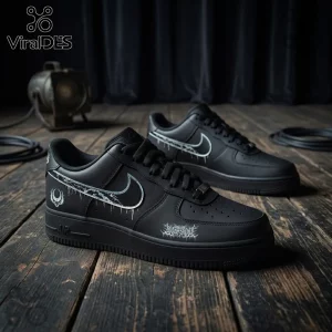Black leather sneakers featuring silver thorn vine swoosh graphics and gothic text on a weathered wood floor background.!