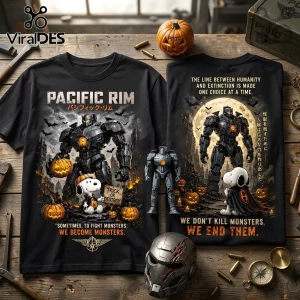 Pacific Rim x Snoopy Halloween Mecha Jaeger black t-shirt featuring Gipsy Danger, Snoopy in costume, and pumpkins.