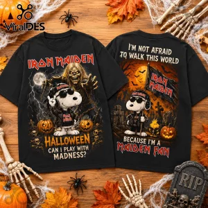 Snoopy x Iron Maiden Halloween black t-shirt featuring Snoopy as Eddie with pumpkins and spooky graveyard graphic art.