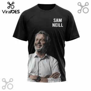 Black cotton t-shirt featuring a smiling Sam Neill portrait in a white shirt with his name printed in white above him.!