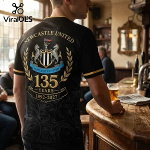 Black Newcastle United t-shirt with gold and blue 135 years anniversary crest and 1892-2027 text on the back.!