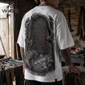White oversized t-shirt featuring back print of a dragon, wolf, ravens, and Norse text about Viking warrior heritage.!
