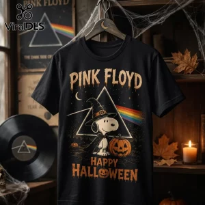 Snoopy Pink Floyd Dark Side of the Moon Halloween T-Shirt featuring a wizard Snoopy, pumpkin, and rainbow prism graphic.