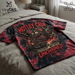 Motley Crue tie-dye t-shirt featuring a cartoon rat in a hot rod with the text Louder, Wilder, Unchained in red and black.!