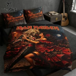 Iron Maiden bedding set featuring Eddie dancing with a woman in a red flamenco dress on a stone street background.!