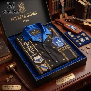 Phi Beta Sigma fraternity button-down shirt in a black gift box with gold embroidery, blue satin collar, and Greek symbols.!