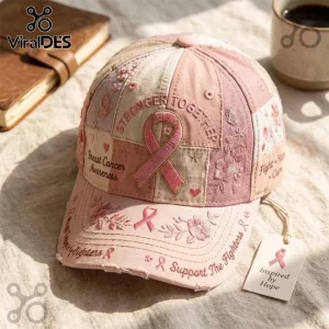 Pink breast cancer awareness baseball cap with patchwork design, embroidered ribbons, flowers, and Stronger Together text.!