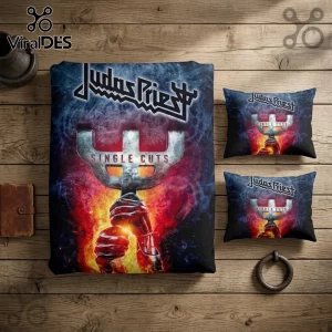 Judas Priest Single Cuts bedding set featuring a metallic trident, fiery red and blue clouds on a wooden background.!