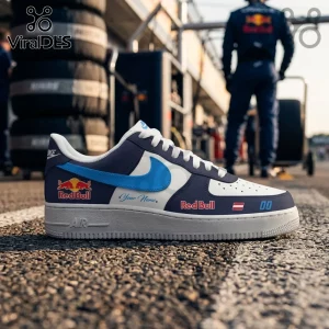 Red Bull Racing Formula One Nike Air Force 1 Sneakers featuring blue, white, and navy leather with racing logos.