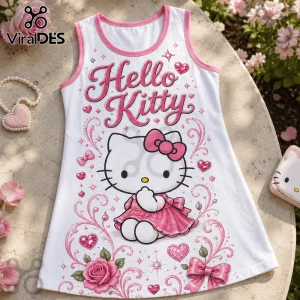 White sleeveless tank dress featuring Hello Kitty, pink bows, glittery heart graphics, and rose illustrations.!