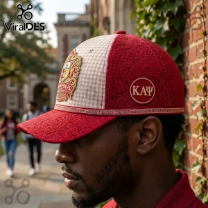 Kappa Alpha Psi baseball cap with red damask panels, cream houndstooth crown, gold crest emblem, and Greek letter patch.!