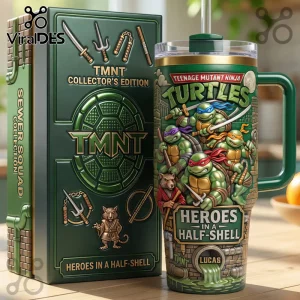 TMNT insulated tumbler with plastic lid and straw next to a matching green collector's box featuring turtle weaponry.!