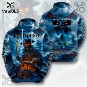 Iron Maiden Run For Your Lives 2026 tour hoodie featuring Eddie as a pirate captain on a dark stormy sea background.!