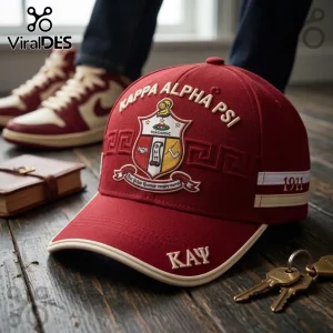 Kappa Alpha Psi baseball cap in crimson with white embroidery, crest, and 1911 detailing on a dark wooden surface.!