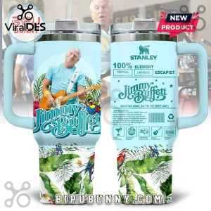 Jimmy Buffett Tropical 40oz Handle Tumbler featuring a light blue design with palm leaves, parrots, and a guitarist.