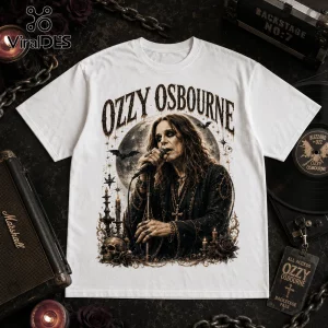 White cotton t-shirt featuring Ozzy Osbourne graphic with skull, candles, bats, and moon against a dark backdrop.!