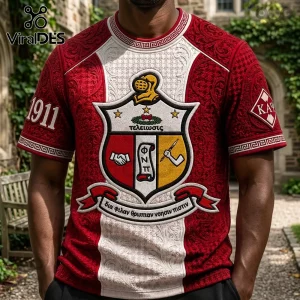Kappa Alpha Psi shirt with red and white paisley pattern, crest with Phi Nu Pi text, 1911 embroidery, and Greek lettering.!